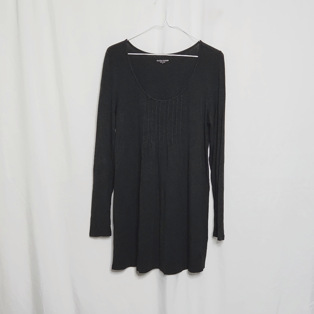 Eileen Fisher Womens Tunic M Gray Long Sleeve Scoop Neck Pleated Stretch Knit